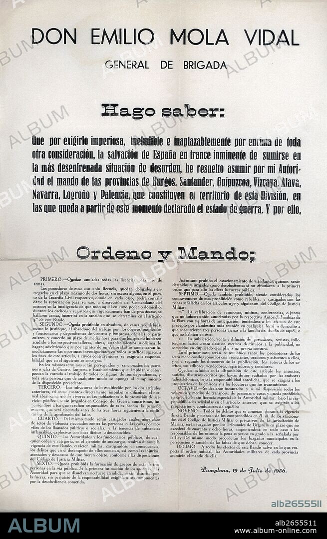 Bando del general Emilio Mola Vidal al inicio de la guerra civil española. Julio 1936.