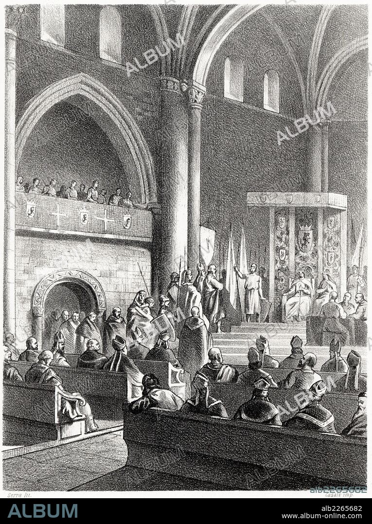 Historia de España. Concilio celebrado en León por Alfonso V el año 1020. Grabado de 1872.