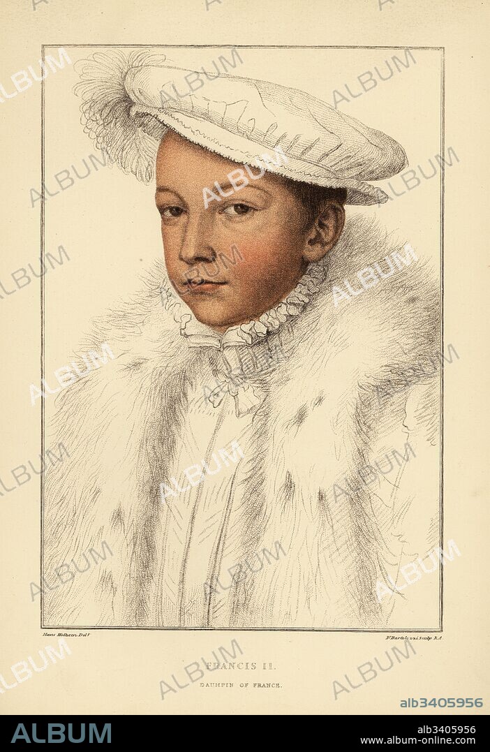 King Francis II of France as dauphin, King consort of Scotland, 1544-1560. Handcoloured copperplate engraving by Francis Bartolozzi after Hans Holbein from Facsimiles of Original Drawings by Hans Holbein, Hamilton, Adams, London, 1884.