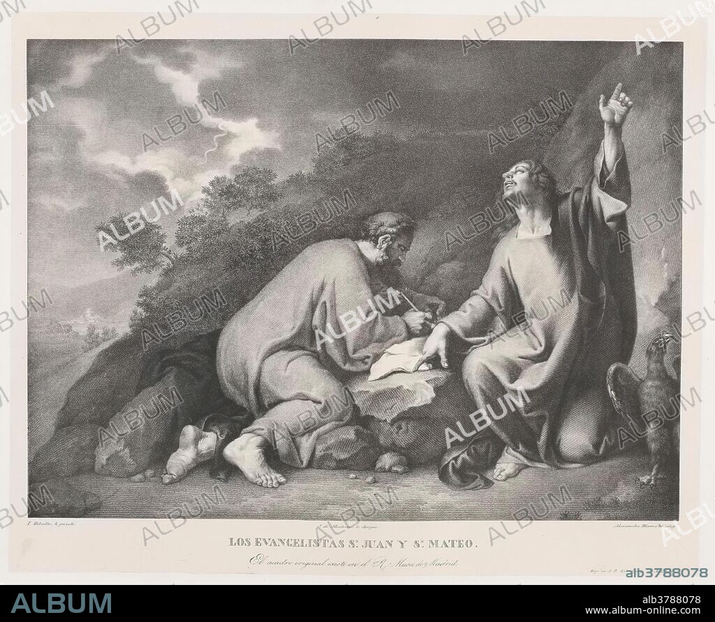 JUAN RIBALTA, JOSE DE MADRAZO Y AGUDO y ALEJANDRO BLANCO Y ASSENSIO. Alejandro Blanco y Assensio (Litógrafo) (Atribuida la obra original, según inscripciones, a Ribalta, Francisco); Juan Ribalta (Autor de la obra original); José de Madrazo y Agudo (Director); Real Establecimiento Litográfico de Madrid (Impresor) / 'San Mateo y san Juan Evangelista'. 1826 - 1829. Aguatinta litográfica, Litografía a lápiz, Estampación sobre papel china, Raspador sobre papel avitelado, 485 x 637 mm.