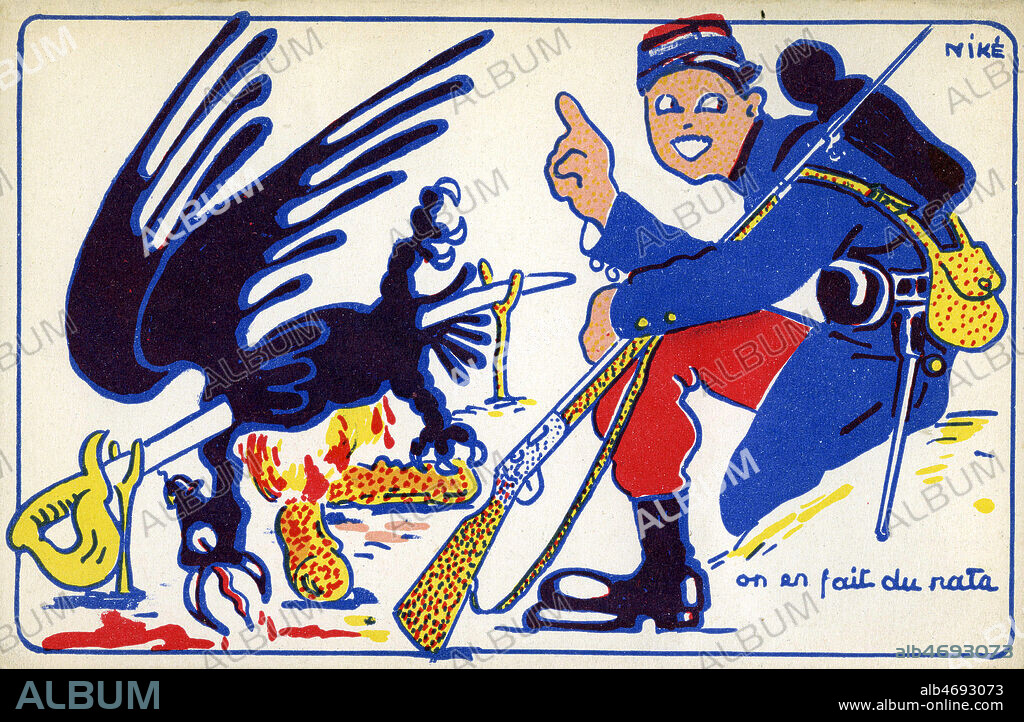 'On en fait du rata' declare un soldat francais a propos de l'aigle imperial allemand. Illustration par NIKE pour une carte postale vers 1915. Credit : Collection IM/KHARBINE-TAPABOR.