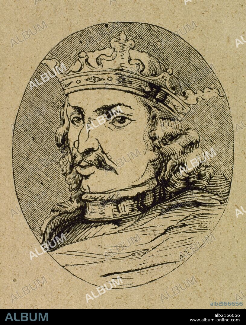 ENRIQUE IV (1454-1474). Hijo del rey Juan II. Dejó la administración del reino a Don Juan Pacheco. Murió en Madrid en 1474. Grabado.