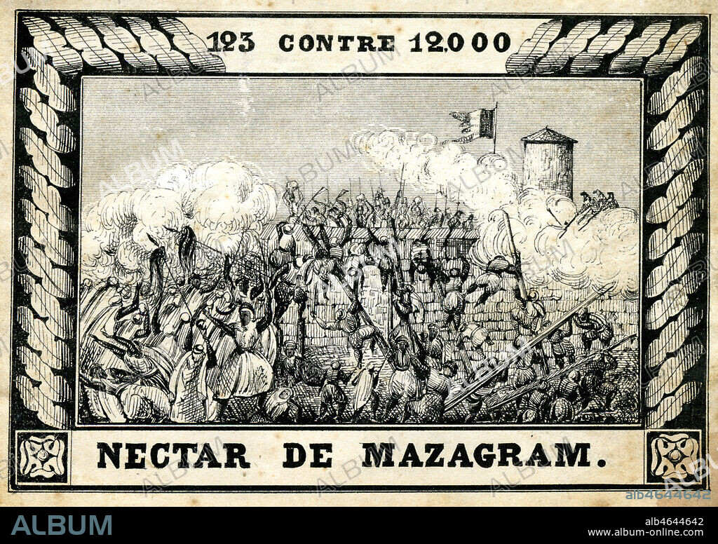 Nectar de Mazagram. 123 contre 12000 (Bataille de Mazagran du 3 au 6 fevrier 1840). Illustration anonyme pour une etiquette de bouteille de liqueur vers 1840. Credit : Collection IM/Kharbine-Tapabor.