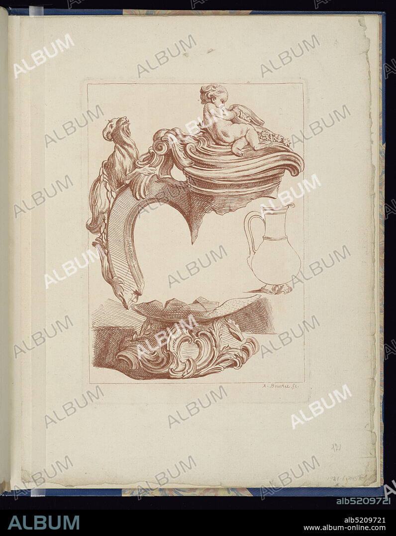 Plate 12, Livre de vases (Book of Vases), François Boucher, French, 1703 1770, A. Bouchet, French, active ca. 1730-1740, Gabriel Huquier, French, 16951772, Etching in red ink on white laid paper, Folio 12, plate 12 of a series of 12. Design for mounts of a ewer or vase influenced by shell forms to be executed in jasper. A figure of a young boy reclines on rocks, shells, and flowers on the lid, a goat with a long tail decorates the handle, and acanthus and scroll motifs adorn the foot. At right, a line drawing of the ewer to which the mounts would be attached., ca. 1738, ornament, Bound print, Bound print.