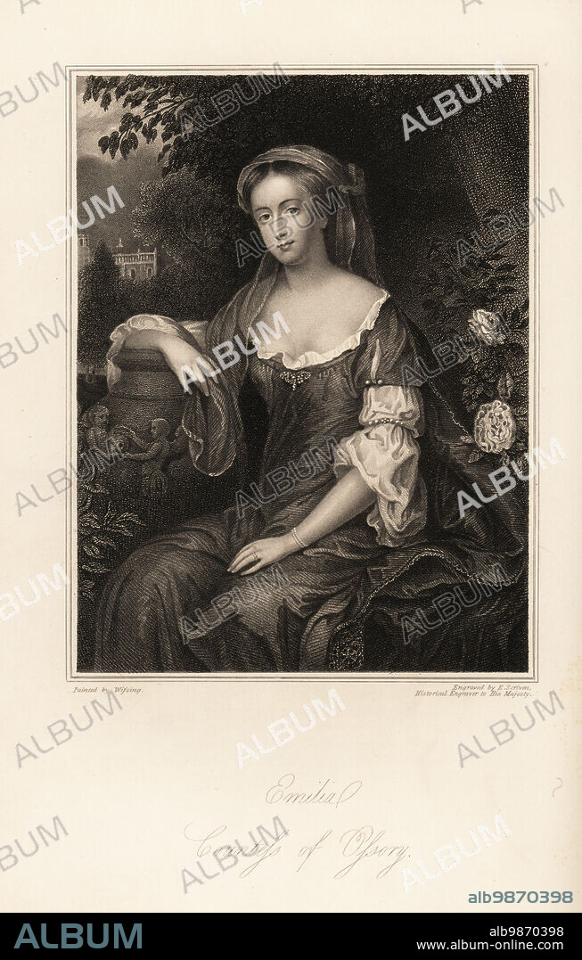 Portrait of Emilia Butler, Countess of Ossory, Anglo-Dutch courtier to King Charles III, lady in waiting to Queen Catherine of Braganza, born Emilia van Nassau-Beverweerd, wife to Thomas Butler, Viscount Thurles, Duke of Ormonde, 1635-1684. Steel engraving by Edward Scriven after a portrait by Willem Wissing from Mrs Anna Jamesons Memoirs of the Beauties of the Court of King Charles the Second, Henry Coburn, London, 1838.
