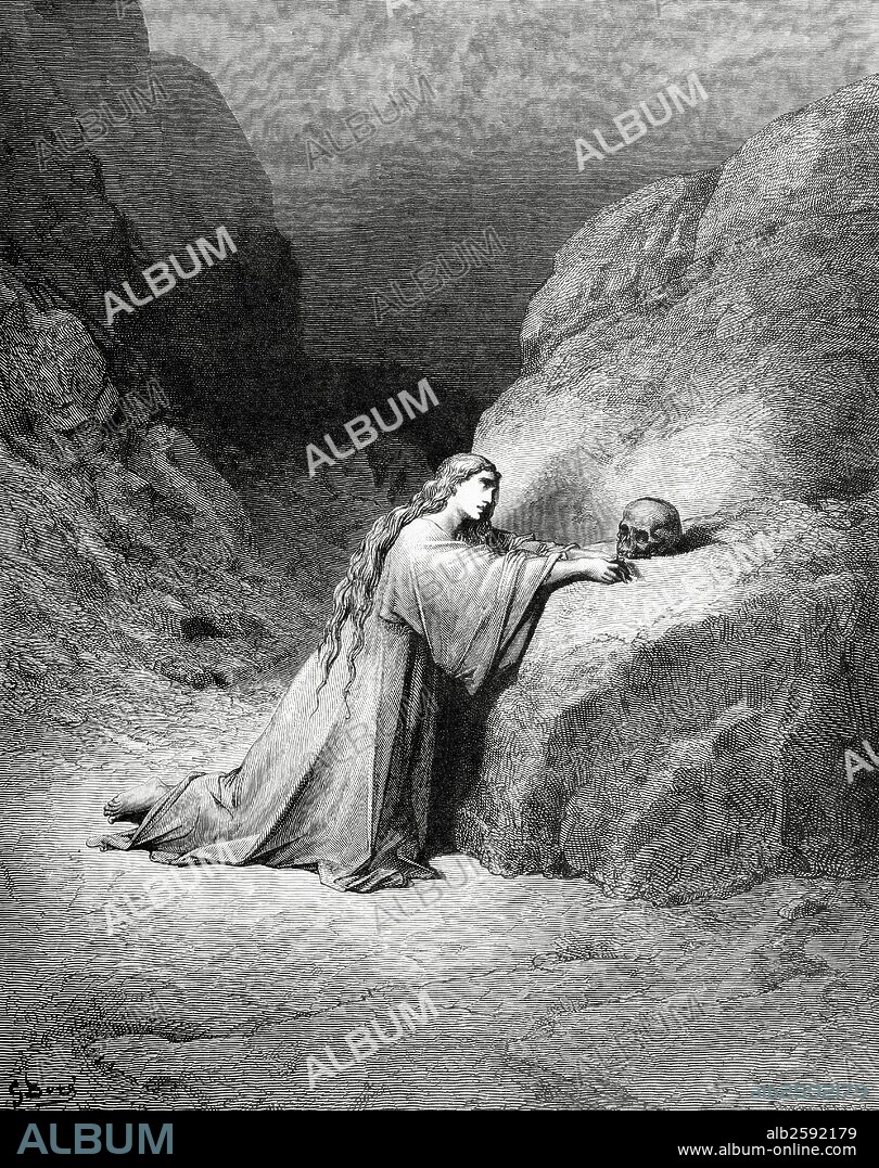 PAUL GUSTAVE DORÉ. MARIA MAGDALENA o MAGDALA, Santa. Primera persona a la que Jesús se apareció después de resucitado. "MARIA MAGDALENA ARREPENTIDA". Dibujo de G. Doré. Grabado de Pannemaker. Libro de San Lucas, Capítulo VII. Versículos 44-50.