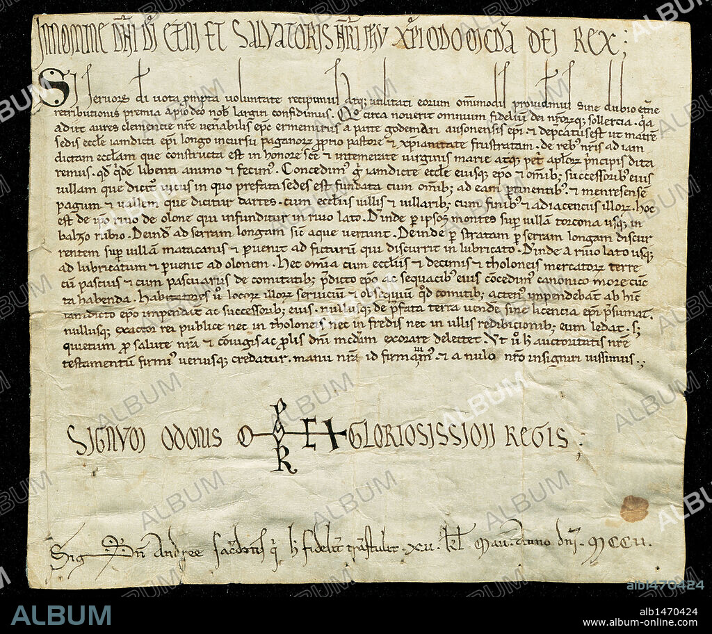 ODON (h. 860-La Fère, 898). Rey de Francia Occidental desde 888 hasta 897. También conocido como Duque de Francia o Conde de París. DONACION DEL REY ODON A LA CATEDRAL DE VIC DEL TERRITORIO DE MANRESA, EL VALLE DE ARTES, TODAS LAS IGLESIAS CON SUS DIEZMOS, DERECHOS DE MERCADO Y DE PASO DE REBAÑOS POR LA CONSAGRACION DE LA CATEDRAL DE VIC EL 16 DE ENERO DEL AÑO 890. Copia del año 1202. Archivo de la Catedral de Vic. Provincia de Barcelona. Comarca de Osona. Cataluña.