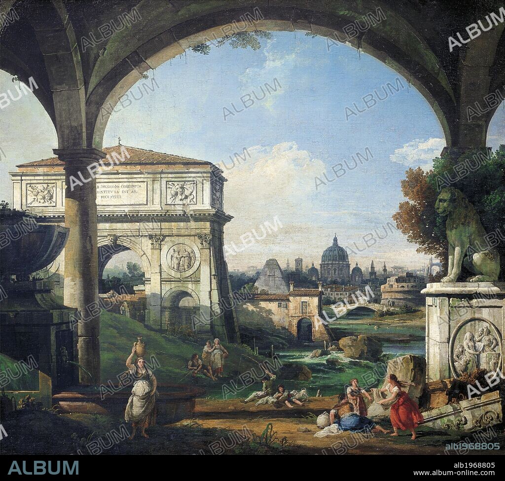 Roman Capriccio with a triumphal arch, the pyramid of Caius Cestius, St Peter's in the Vatican and Castel Sant'Angelo, 1742-1747, by Bernardo Bellotto, known as Canaletto (1721-1780), oil on canvas, 114x130 cm.