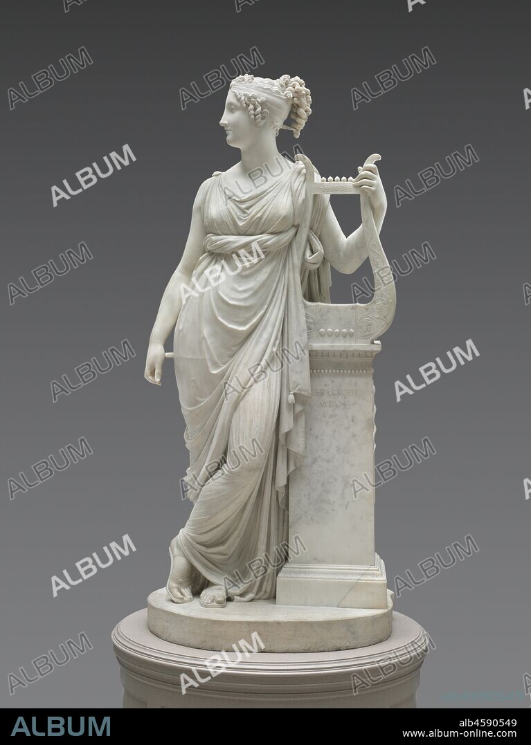 Terpsichore Lyran (Muse of Lyric Poetry), 1816. In Greek mythology, Terpsichore was one of the nine Muses, or goddesses of creative inspiration. The lyre, the Greek inscription on the short column, and the caduceus (entwined snakes) on the side identify the figure as Terpsichore Lyran, muse of lyric poetry. This sculpture began with a commission from Napoleon's brother, Lucien, for an idealized portrait of his wife, Alexandrine. Antonio Canova made this version for a British aristocrat and exhibited it in 1817 at the Royal Academy in London to great acclaim.