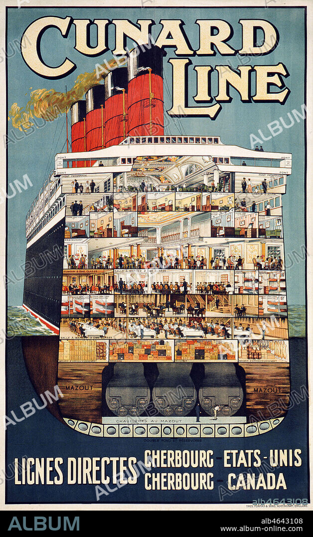 'Cunard Line : lignes directes Cherbourg - Etats-Unis, Cherbourg - Canada'. Coupe du paquebot AQUITANIA. Affiche publicitaire pour une compagnie maritime, vers 1910. Credit : Coll. Galdoc-Grob/KHARBINE-TAPABOR.