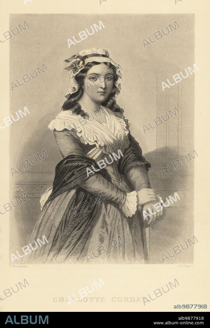 Charlotte Corday, French Revolutionary figure who killed Jacobin leader Jean-Paul Marat in his bath, 1768-1793. Steel engraving by Samuel Hollyer after a portrait by Jules Champagne from Frank B. Goodrichs The Court of Napoleon or Society under the First Empire, J. B. Lippincott, Philadelphia, 1875.
