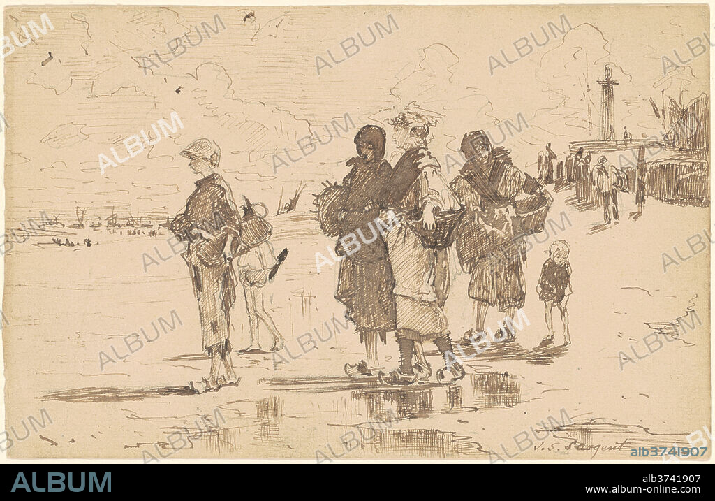 JOHN SINGER SARGENT. En Route pour la pêche (Setting Out to Fish) [after "Oyster Gatherers of Cancale"]. Dated: 1878. Dimensions: sheet: 11.43 × 17.78 cm (4 1/2 × 7 in.). Medium: pen and brown ink over graphite on wove paper.