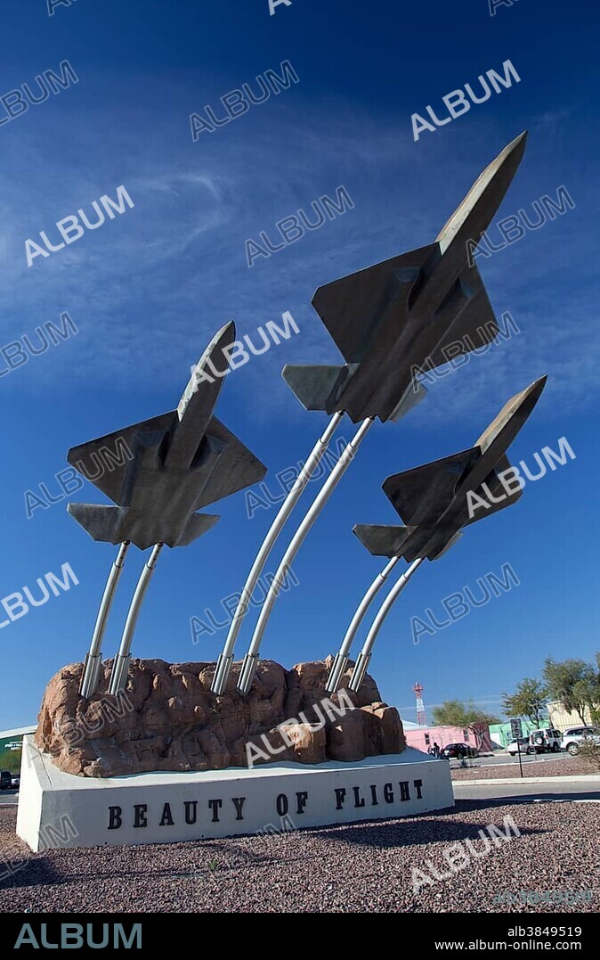 The "Beauty of Flight" sculpture at the entrance to the Pima Air & Space Museum, the museum displays 300 military and civilian aircraft, Tucson, Arizona, USA, North America.