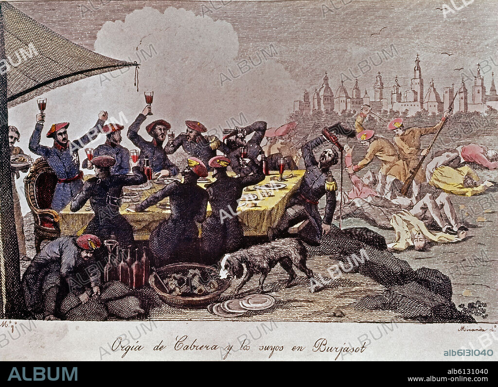 ORGIA DE CABRERA Y LOS SUYOS EN BURJASOT (VALENCIA) (CARLISTAS) - GRABADO SIGLO XIX.