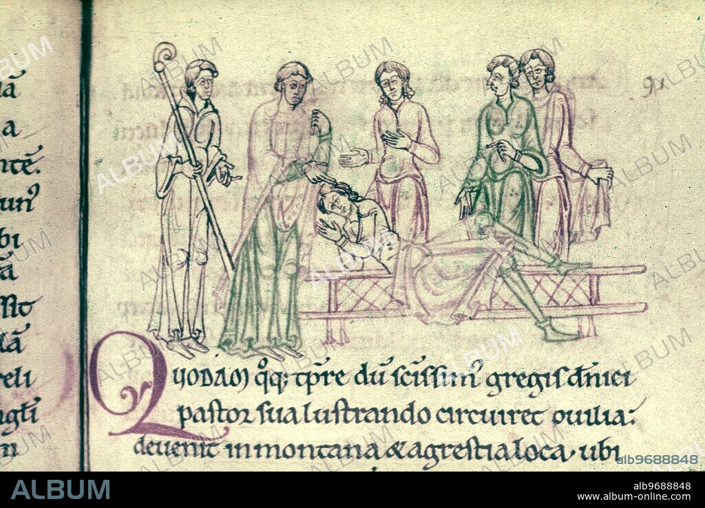Illuminated Manuscript : Bede's life of St Cuthbert showing St Cuthbert restoring a dying youth.