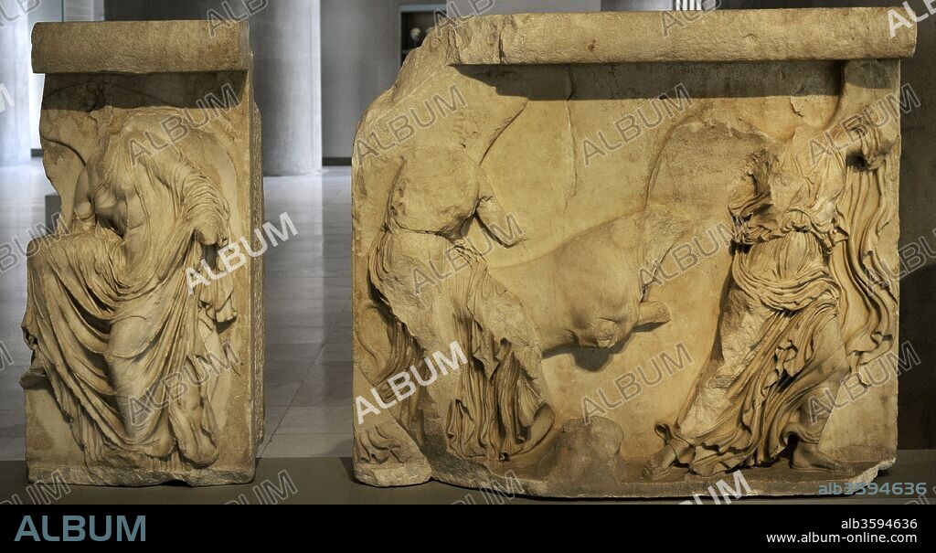 The Balustrade of the Temple of Athena Nike. Left: Nike adjusting her sandal. South parapet slab. 5th century BC. By the workshop of Phidias. Classic period. Acropolis Museum. Athens. Greece.