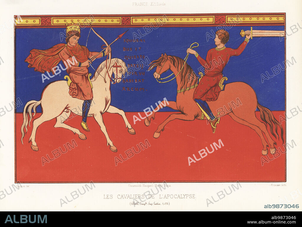 Two horsemen of the Apocalypse duelling. A figure in a crown with bow and arrow on a white horse fighting a man with a sword. Depicted in French costume of the 11th century. Les Cavaliers de l'Apocalypse. Taken from a manuscript in the Monastery of Saint-Sever, Latin MS 1075, Bibliotheque Imperiale. Chromolithograph by Kause after an illustration by Claudius Joseph Ciappori from Charles Louandres Les Arts Somptuaires, The Sumptuary Arts, Hangard-Mauge, Paris, 1858.