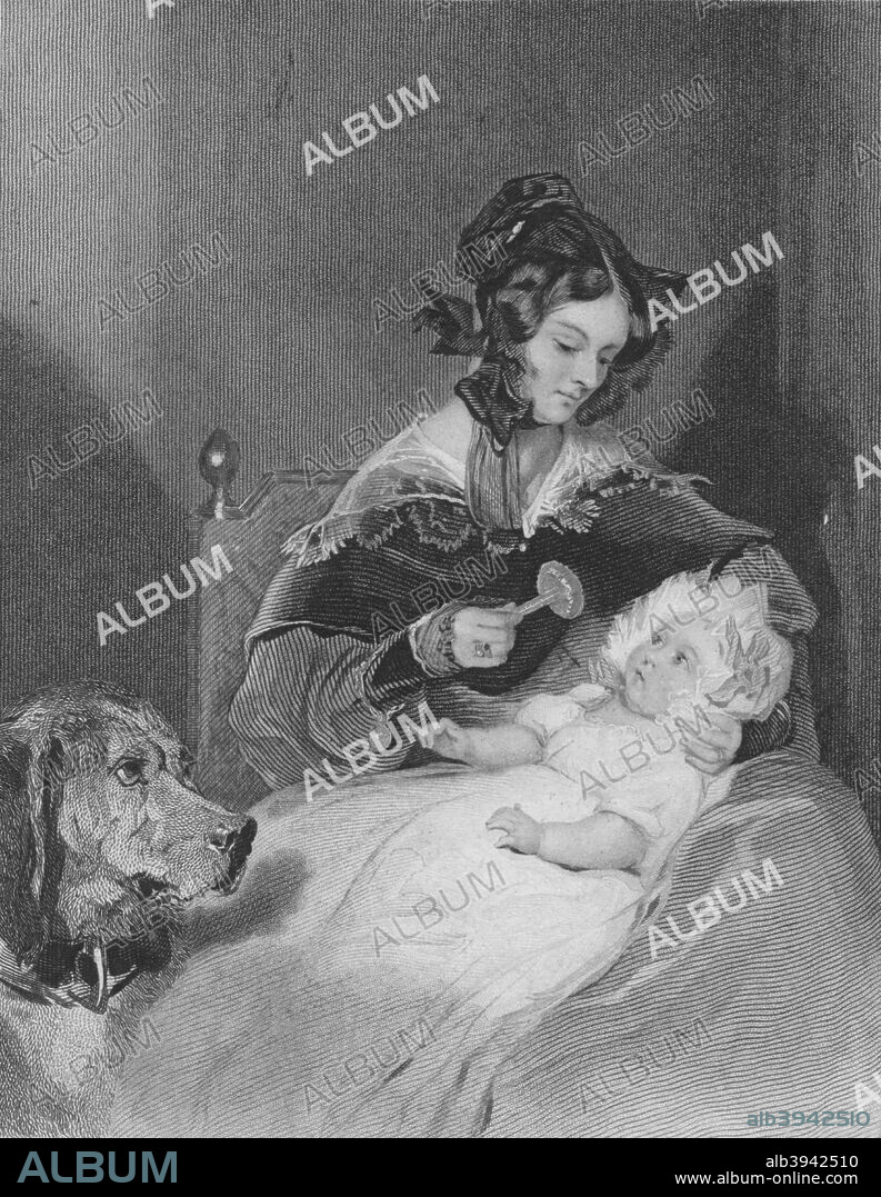 'Marchioness of Abercorn and Child', 1837. Mother of James Hamilton and paternal great-grandmother of Cynthia Spencer, Countess Spencer, paternal 3rd great-grandmother of Diana, Princess of Wales, and maternal 4th great-grandmother of Prince William, Duke of Cambridge, and Prince Harry. After Edwin Henry Landseer (1802-1873). From Heath's Book of Beauty, by Charles Heath. [Longman, Rees, Orme, Brown, Green and Longmans, London, 1837].