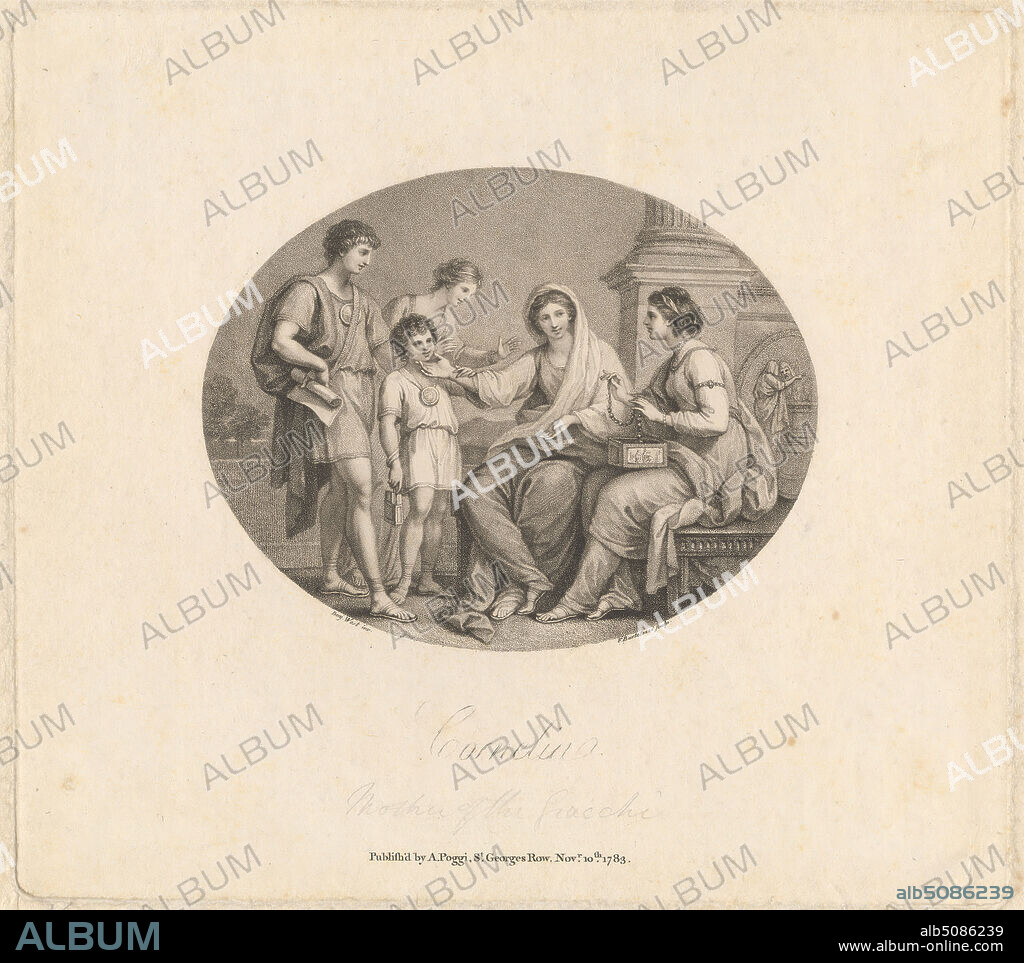 Cornelia, Mother of the Gracchi, Print made by Francesco Bartolozzi RA, 17281815, Italian, active in Britain (176499), after Benjamin West, 17381820, American, active in Britain (from 1763), Published by Antonio Poggi, active 17761781, Italian, 1783, Mezzotint and etching on moderately thick, moderately textured, cream laid paper, Sheet: 8 3/8 x 9 1/4 inches (21.3 x 23.5 cm), Plate: 7 13/16 x 8 3/4 inches (19.9 x 22.2 cm), and Image: 4 1/4 x 5 3/8 inches (10.8 x 13.7 cm), (story of) Cornelia, mother of the Gracchi, ancient, bench, boy, column (architectural element), Cornelia produces her two young sons, Tiberius and Gaius S. Gracchus, to a Roman matron who had shown off her jewelry, costume, family, gesture, jewelry, man, mother, necklace, nobility, ornaments, oval, patricians, pendants (jewelry), portrait, religious and mythological subject, Roman Empire, sandals, servant, sons, tribunes (public officers), virtue, women.
