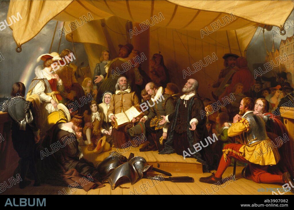 ROBERT WALTER WEIR. Embarkation of the Pilgrims. Date/Period: 1857. Painting. Oil on canvas. Height: 122.2 cm (48.1 in); Width: 183.5 cm (72.2 in).