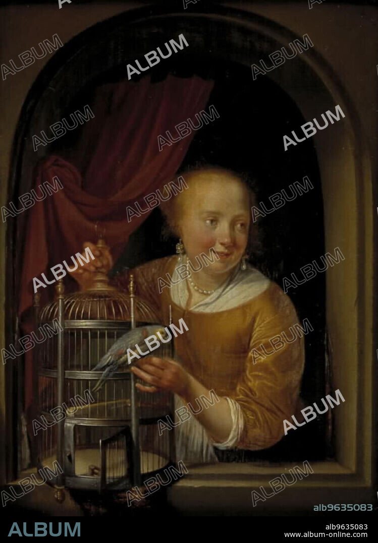 PIETER CORNELISZ. VAN SLINGELAND. Girl with a Parrot, 1655-1691. Earlier ascribed to Gerrit Dou (1613 – 1675).