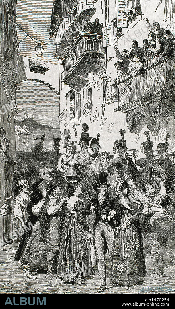 REVOLUCIONES LIBERALES (AÑO 1820). 'EL RISORGIMENTO'. Tras los movimientos liberales insurreccionales de julio de 1820 en Nápoles y Sicilia, las potencias de la Santa Alianza intervinieron, enviando las tropas austríacas. 'ENTRADA DE LAS TROPAS AUSTRIACAS EN NAPOLES'. Grabado S. XIX.