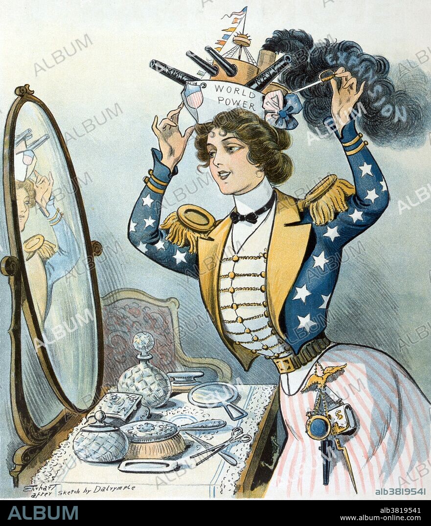 Entitled: "Columbia's Easter bonnet Ehrhart after a sketch by Dalrymple." Chromolithograph shows Columbia adjusting her bonnet, which is a battleship labeled "World Power" with two guns labeled "Army" and "Navy"; it is spewing thick black smoke labeled "Expansion." She is inserting a tiny sword as a hatpin to hold it in place." Puck was America's first successful humor magazine of colorful cartoons, caricatures and political satire of the issues of the day. It was published from 1871 until 1918. It was the first magazine to carry illustrated advertising and the first to successfully adopt full-color lithography printing for a weekly publication. Columbia is a historical and poetic name used for the United Columbia was largely displaced as the female symbol of the U.S. by the Statue of Liberty around 1920. An Easter bonnet is a type of hat that women and girls wear to Easter services, and in the Easter parade following it. Ladies purchased new and elaborate designs for particular church services, and in the case of Easter, taking the opportunity of the end of Lent to buy luxury items. Now, in a more casual society, Easter Bonnets are becoming harder to find, as fewer and fewer women bother with the tradition. Illustrated by Samuel D. Ehrhart  for Puck and published by Keppler & Schwarzmann, April 6, 1901.