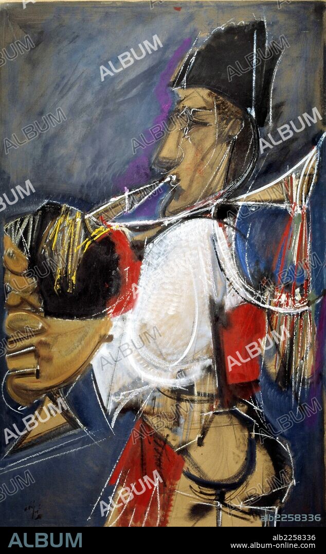 DELGADO ALVARO. DELGADO , ALVARO. PINTOR ESPAÑOL. MADRID 1922 -. " GAITERO " , OLEO SOBRE LIENZO.