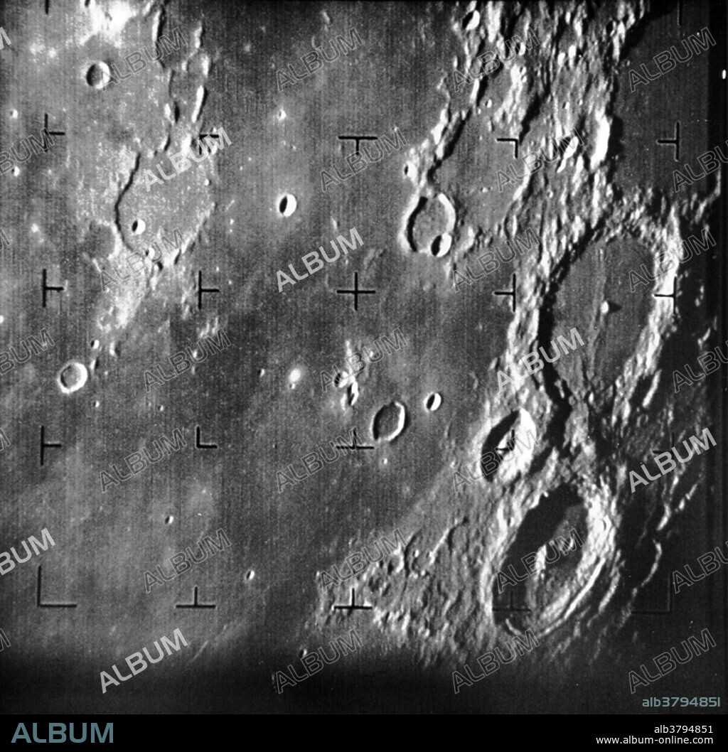 Ranger 7 took this image, the first picture of the Moon by aU.S. spacecraft, on July 31, 1964 at 13:09 UT (9:09 AM EDT) about 17 minutes before impacting the lunar surface. Ranger 7 marked the first successful mission from the United States to explore the moon. The spacecraft carried six television vidicon cameras; two wide-angle and four narrow-angle. Ranger 7 transmitted over 4,300 photographs during the final 17 minutes of its flight. After 68.6 hours of flight, the spacecraft landed between Mare Nubium and Oceanus Procellarum. This landing site was later named Mare Cognitum. The velocity at impact was 1.62 miles per second, and the performance of the spacecraft exceeded hopes. No other experiments were carried on the spacecraft.