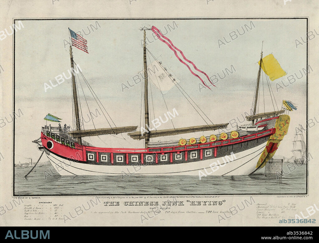 Drawings and Prints, Print, The Chinese Junk Keying–Captain Kellett–As she appeared in New York harbour July 13th, 1847–212 days from Canton.–720 tons burthen, Lithographer, Lithographed and published by, Nathaniel Currier, American, Roxbury, Massachusetts 1813–1888 New York, Currier, Nathaniel, American, 1813, 1888, 1847.