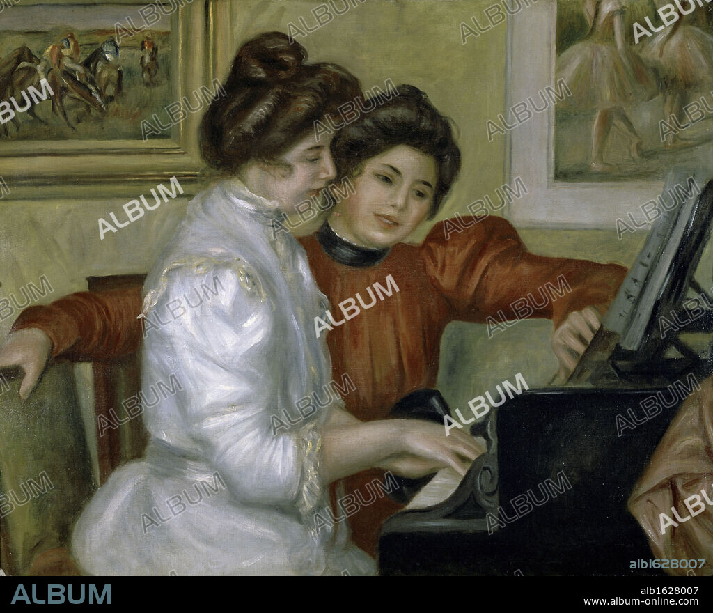 PIERRE AUGUSTE RENOIR. Yvonne and Christine Leroll at the Piano   (Yvonne et Christine Leroll au piano)   1897  Pierre-Auguste Renoir (1841-1919/French)   Oil on canvas  Musee del' Orangerie, Paris.