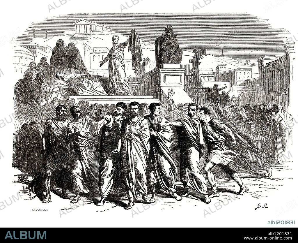 Marco Antonio (83-30 a.JC), general romano aliado de César. Orador elocuente y hábil militar. A la muerte de César, junto a Octaviano y Lépido formó parte del Segundo Triunvirato. Grabado de 1866.