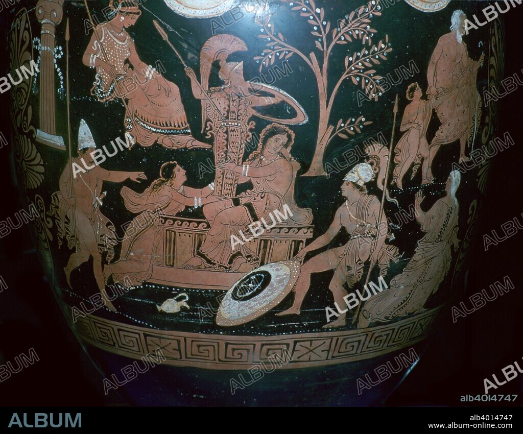Red-figured volute krater with scene from the sack of Troy, showing Cassandra clinging to the altar of Athena, with Ajax the lesser approaching from the right. On the right, an aged man escapes with a boy, possibly Priam and Hecuba with Astynax. Above, Dionysus and two Maenads can be seen, 4th century BC.