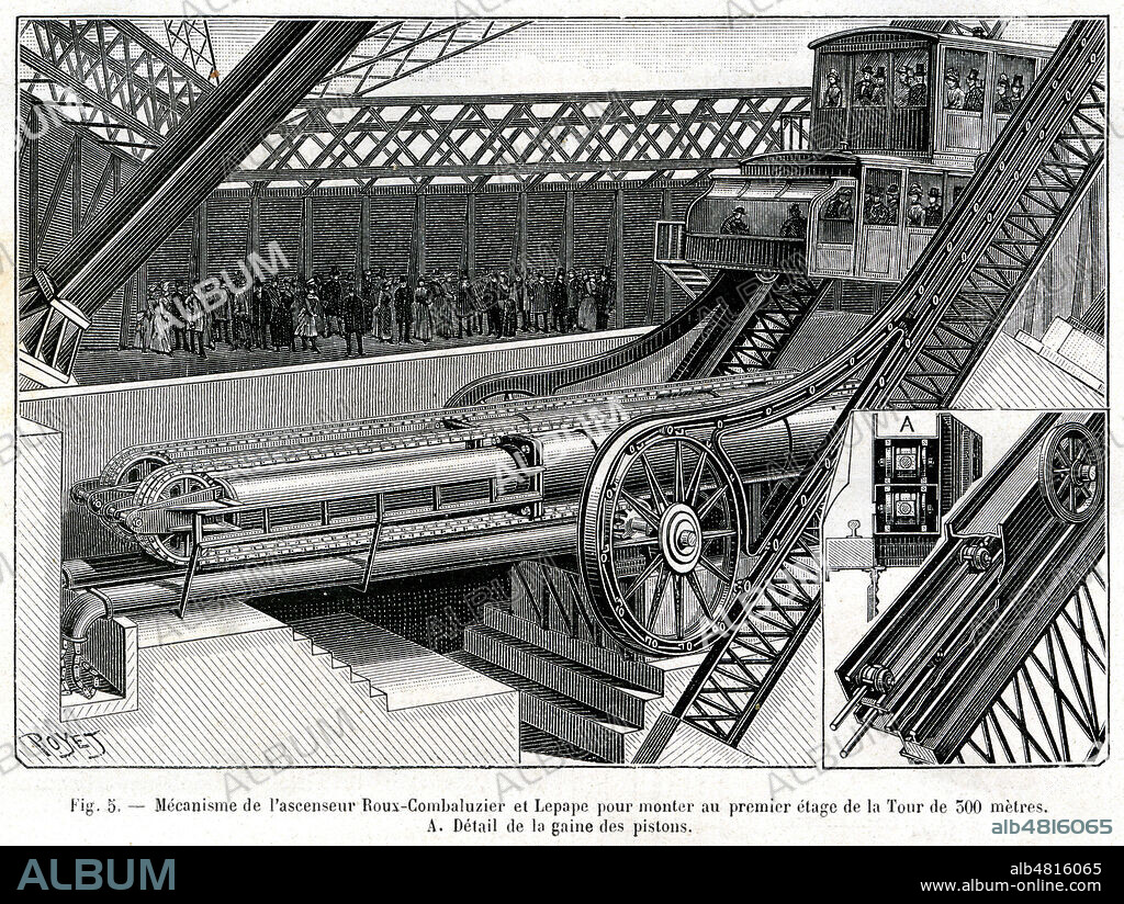 'Mecanisme de l'ascenseur Roux-Combaluzier et Lepape pour monter au premier etage de la Tour de 300 metres. Detail de la gaine des pistons'. Illustration par Poyet (1846-1913) tiree de la revue La Nature du 4 mai 1889. Credit : Collection KHARBINE-TAPABOR.