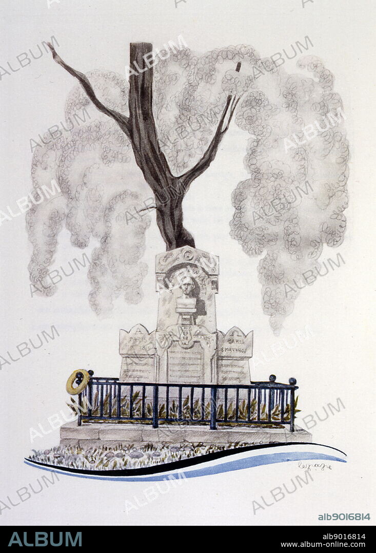 Coloured illustration from 'OEuvres posthumes' by Alfred de Musset depicting tombstones around a tree. Illustrated by Georges Lepape.
