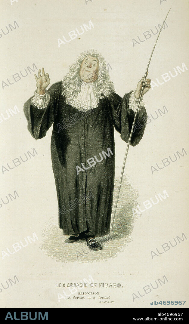 Brid'Oison, personnage in Le mariage de Figaro de Pierre Augustin CARON de BEAUMARCHAIS (1732-1799). Brid'oison. Acte III scene 14, Illustration d'Emile BAYARD (1837-1891) pour Oeuvres completes de Beaumarchais de 1876. Credit: Collection KHARBINE-TAPABOR.