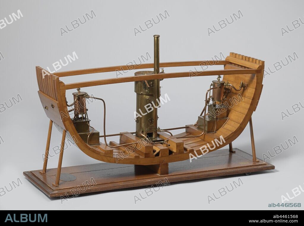 Model of a Salt-Water Distiller, Model of a distillation apparatus for obtaining drinking water from seawater, placed in the cross section of a ship, on a floorboard. On either side against the ship's wall a condenser is placed above a water box, the condensers have an inlet and outlet through the ship's wall. A pipe system carries the water to a vertical, cylindrical steam boiler in the middle. The pipes are interrupted where they run to other parts of the ship, so that the exact course of the water cannot be reconstructed. The condensers are of the Grant type. 1:10 scale (scale on model), Willem (ship), Adriaan Rosel, Rijkswerf (Willemsoord), 1866 - 1867, wood (plant material), brass (alloy), copper (metal), model: h 77.5 cm × w 127.7 cm × d 41.5 cm display case: h 80 cm × w 126 cm × d 40 cm.