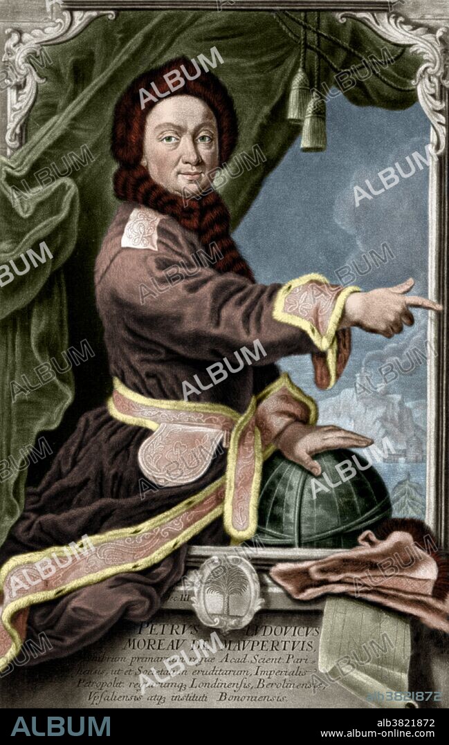 Color enhanced portrait of Pierre-Louis Moreau de Maupertuis (July 17, 1698 - July 27, 1759), a French polymath who made contributions to the fields of mathematics, physics, biology, metaphysics, moral philosophy, astronomy, and geography. In 1723 he was admitted to the Academie des Sciences. In 1736 he made an expedition to Lapland to measure the length of a degree of arc of the meridian to determine the shape of the earth. He is credited with having invented the principle of least action (variational principle), when applied to the action of a mechanical system, can be used to obtain the equations of motion for that system. He proposed a theory of generation (reproduction) in which organic matter possessed a self-organizing intelligence that was comparable to the contemporary chemical concept of affinities. He explored heredity, collecting evidence that confirmed the contributions of both sexes and treated variations as statistical phenomena. Historians of science point to his work in biology as a significant precursor to the development of the theory of natural selection. Finding his health declining, he retired in 1757 and died a year later at the age of 61. This image has been color enhanced.