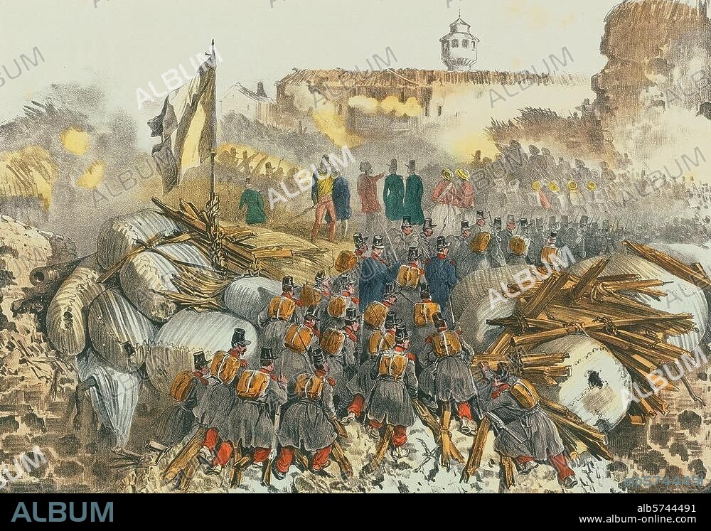 ANONYMOUS. Conquest of Algeria by France 1830-47. First expedition to conquer Constantine in late autumn 1836. "Arrival of the 2nd Column (...) ". Chalk lithograph, coloured, anon, contemporary. No. 166-12 of a serires on the Algerian conflict. 22 × 30.8cm.