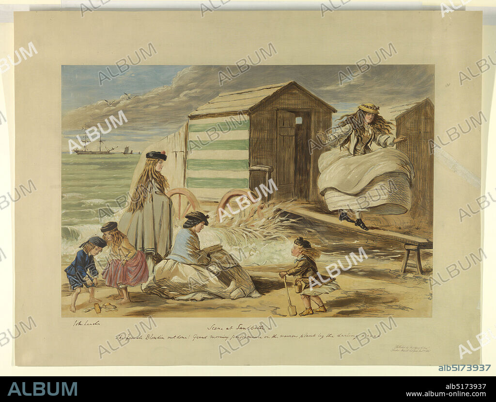 Scene at Sandbath (Proof), John Leech, English, 1817 - 1864, Thomas Agnew and Sons Ltd., English, founded 1835, Chromolithograph on paper, mounted on heavy paper, Right, a girl walking a plank, before a beach house. Left, the ocean and a boat; beyond, a woman, a girl, and three younger children. Title and comment, artist's and publisher's names and date below., Paris, France, 1865, Chromolithograph, Chromolithograph.