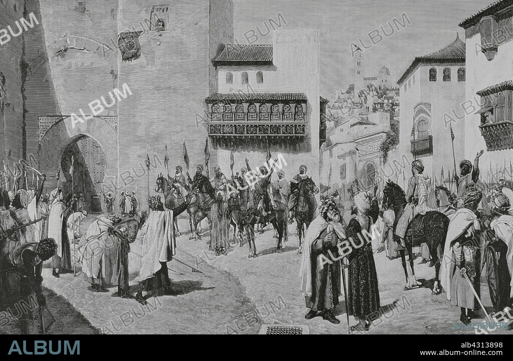 TOMÁS CARLOS CAPUZ (1834-1899). SPANISH ENGRAVER.. Boabdil (1459-1533). Ultimo sultán del Reino nazarí de Granada, conocido por Muhammad XII o El Desdichado Abu Abd Allah. Su primer reinado lo fue durante 1482 y 1483; el segundo entre 1487 y 1492. Proclamación de Boabdil en el Albaicín. Grabado por Tomás Carlos Capuz (1834-1899) a partir de un cuadro de Plácido Francés (1834-1902). La Ilustración Española y Americana, 15 de junio de 1884.