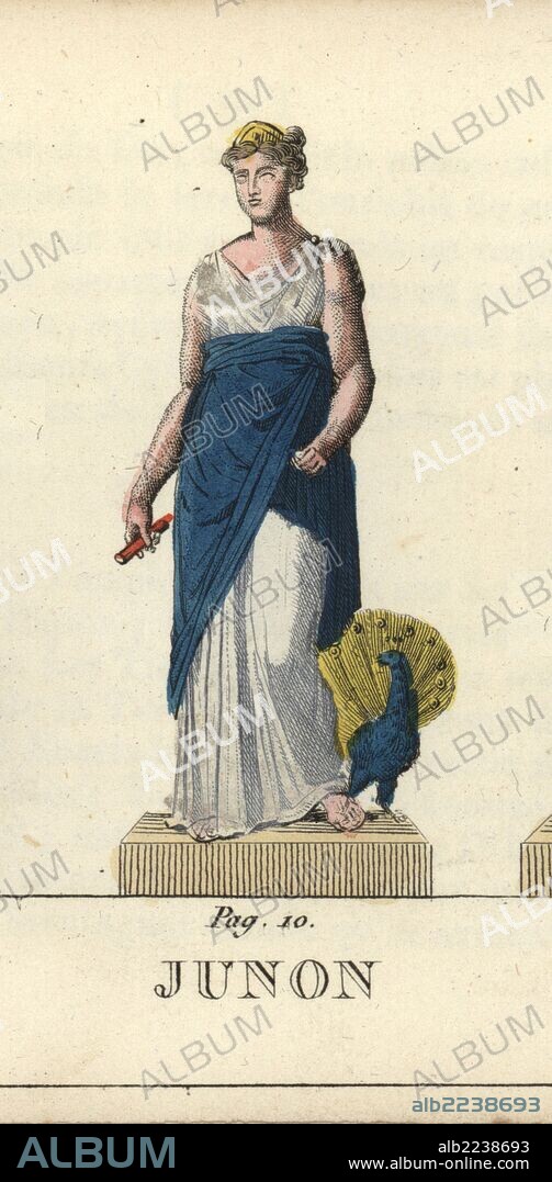 Juno, queen of the gods, Roman goddess of matrimony, with a peacock at her feet. Handcoloured copperplate engraving engraved by Jacques Louis Constant Lacerf after illustrations by Leonard Defraine from "La Mythologie en Estampes" (Mythology in Prints, or Figures of Fabled Gods), Chez P. Blanchard, Paris, c.1820.