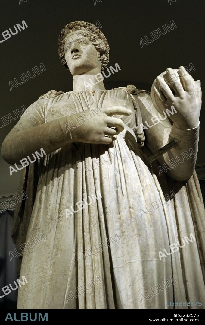 The Muse  of Astronomy, Urania with celestial globe. 1st century BC or 2nd century AD reworking of a Greek original, 2nd century BC. Detail. Bottom up view. National Archaeological Museum, Naples. Italy.