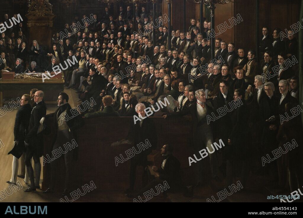 Ley de reforma de 1832 (Reform Act 1832). Ley del parlamento que introdujo cambios en el sistema electoral inglés y galés. Pintura por Sir George Hayter (1792-1871): "La Reforma de la Cámara de los Comunes,1833". Conmemora la aprobación de la ley de reforma de 1832. Muestra la primera sesión del 5 de febrero de 1833 celebrada en la Capilla de San Esteban, de la reformada Cámara de los Comunes. Oleo sobre lienzo firmado y datado entre 1833-1483. Detalle. National Portrait Gallery. Londres. Inglaterra.