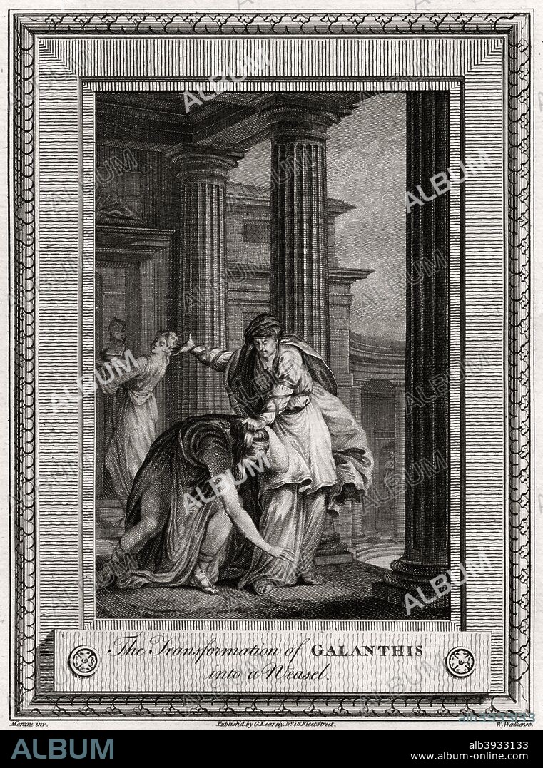 'The Transformation of Galanthis into a Weasel', 1777. A plate from The Copper-Plate Magazine or A Monthly Treasure, London, 1777.