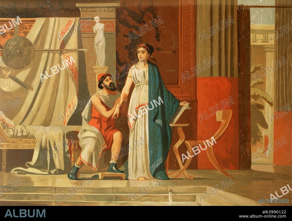 Antigua Grecia. Siglo de Oro de la ciudad de Atenas. Aspasia de Mileto (470-400 a. C.) junto a su amante Pericles (495-429 a. C.). Cromolitografía. La Civilización, tomo II, 1881. Biblioteca Hisstórico Militar de Barcelona. Cataluña, España.