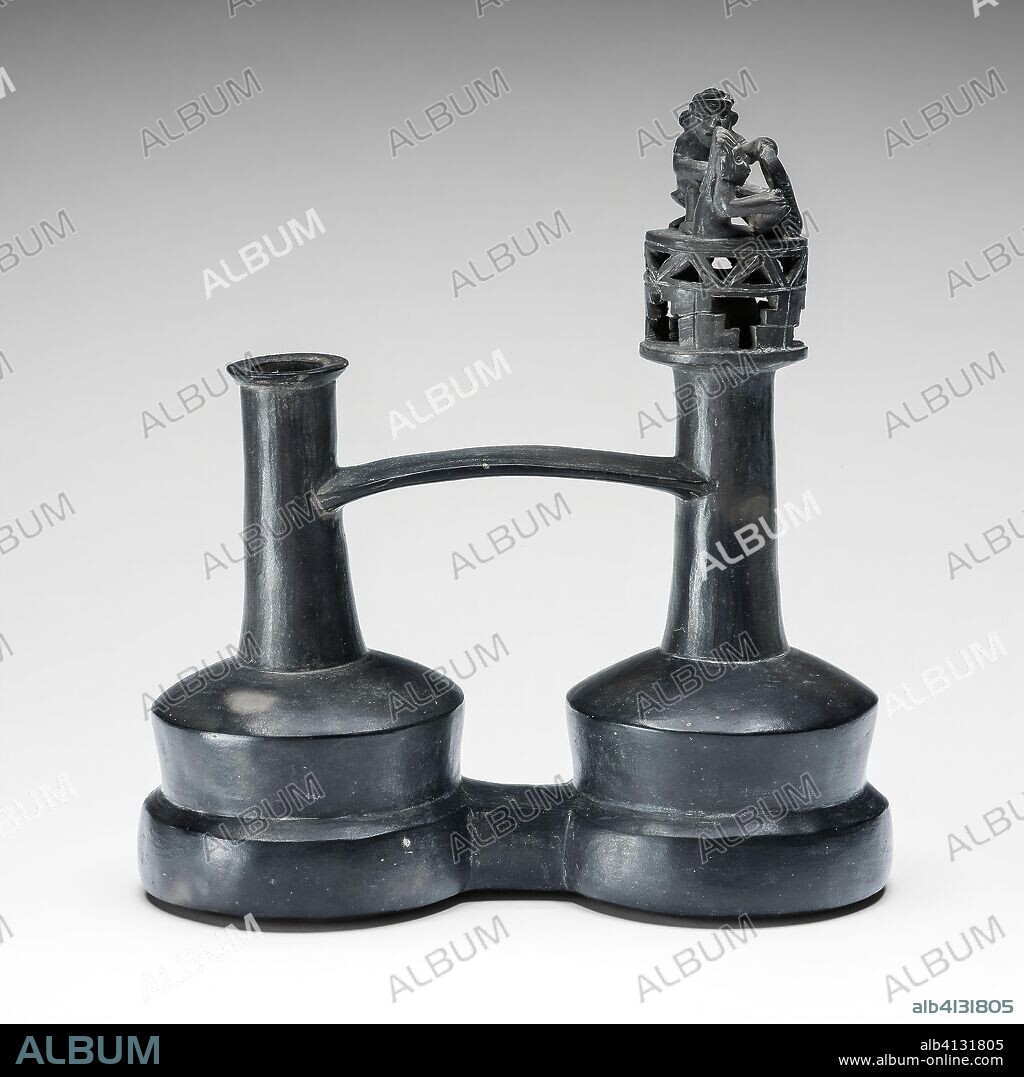 CHIMU. Double Vessel with a Foot-Massage Scene. Chimú; North coast, Peru. Date: 1200-1450. Dimensions: 21.3 × 20.2 cm (8 3/8 × 7 15/16 in.). Ceramic. Origin: North Coast.