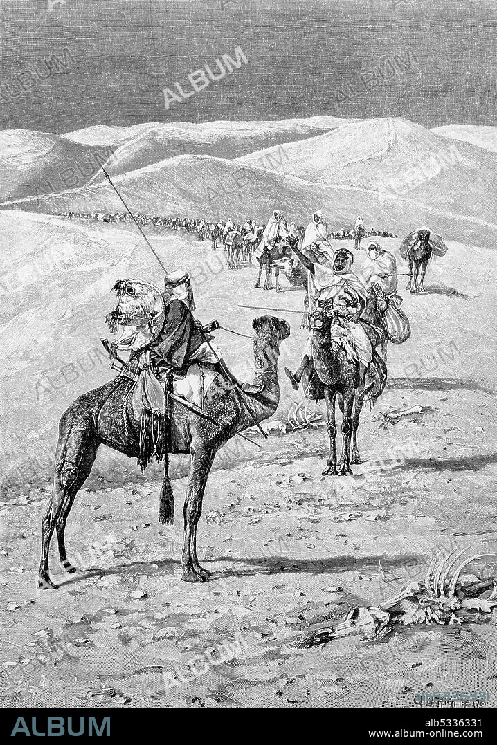 Caravan with Tuareg camels in the Sahara desert, Africa  /  Karawane mit Kamelen der Tuareg in der Wüste Sahara, Afrika, Historisch, historical, digital improved reproduction of an original from the 19th century / digitale Reproduktion einer Originalvorlage aus dem 19. Jahrhundert.