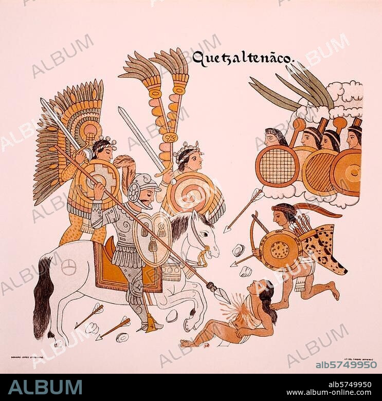 Latin American Colonial History. Conquest of Mexico by Fernando Cortes. 1519-21. "Quetzaltenaco". Colour lithograph after the Mexican hieroglyphics "Lienzo de Tlaxcala", mid 15th century. (No further details about picture content). Paris, Bibliothèque Nationale.