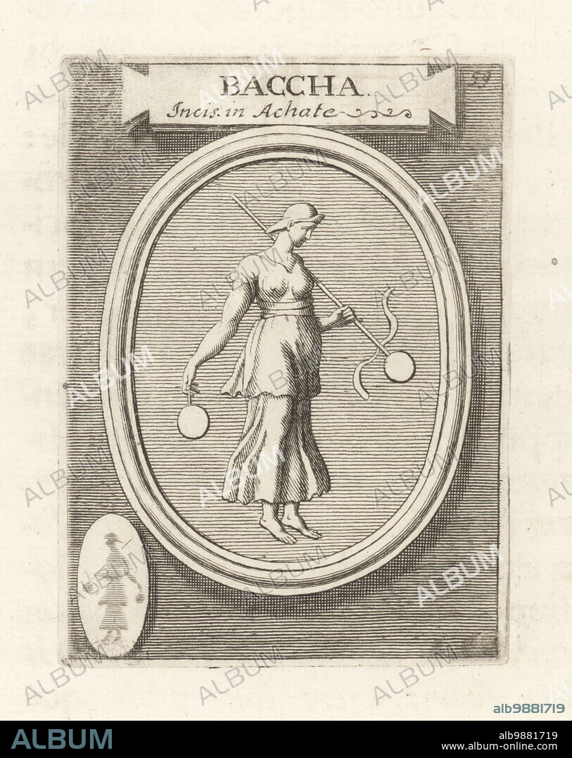 Bacchante or acolyte of Bacchus, Roman god of wine. (Fufluns Pacha in Etruscan religion.) In hat, wearing a soft purple silk tunic and skirt. From an engraved agate gem. Baccha Incis in Achate. Copperplate engraving from Francesco Valesio, Antonio Gori and Ridolfino Venutis Academia Etrusca, Museum Cortonense in quo Vetera Monumenta, (Etruscan Academy or Museum of Cortona), Faustus Amideus, Rome, 1750.